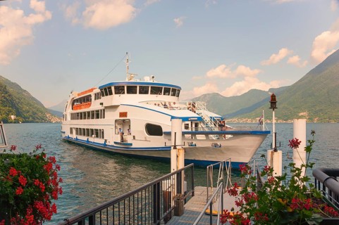 Sightseeing boat on Lake Como, Italian Lago di Como, one of the Upper Italian lakes, Lombardy
