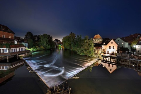 Nocturnal view of Pegnitz with dam and grinding mill, Lauf an der Pegnitz, Middle Franconia,