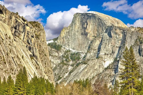 Dramatic view of half dome at yosemite on a spring day