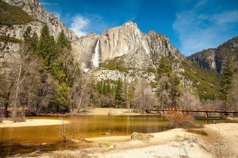 Upper falls and merced river at yosemite on a spring day