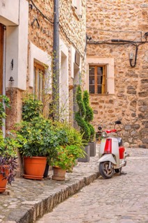 Scooter parked on a street in an idyllic city street with green plants in front of the houses on