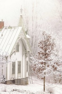 A cold foggy winter day with a beautiful idyllic wooden house with hoarfrost and snow in the