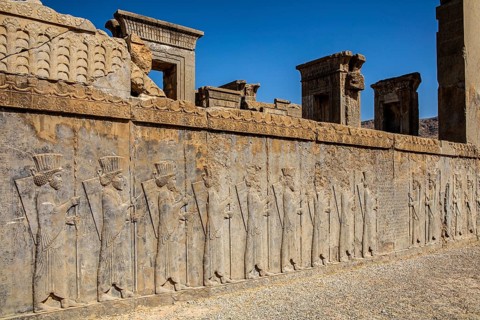 Persian wax soldiers on the western steps of Darius Palace, Persepolis, Persepolis, Iran