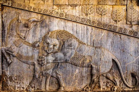 Relief lion fighting with bull, staircase of Apadana Palace, Persepolis