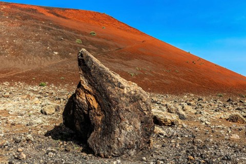 Montana Colorada volcano, volcanic area of the Timanfaya Fire Mountains, Lanzarote, Canary Islands,