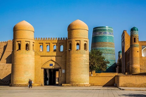 West gate Ata Darwase with Kalta Menar, Khiva, Uzbekistan