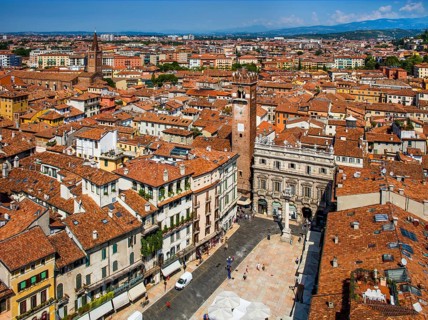 Piazza delle Erbe, view from Torre dei Lamberti, Verona with medieval old town, Veneto, Italy,