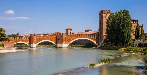 Castelvecchio and Ponte Scaligero, Scaliger Bridge, 1354 - 1357, Verona with medieval old town,