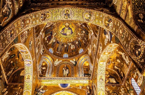 Christ Pantocrator, elaborate gold mosaics with episodes from the Old and New Testment, Norman