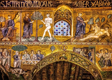Eve is created from Adam's rib, story of creation, elaborate gold mosaics with episodes from the