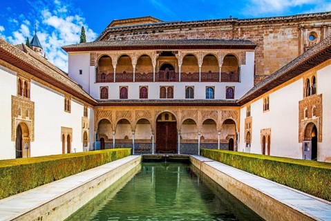 Myrtle courtyard with water basin, Patio de los Arrayanes, Nasrid Palaces, Alhambra, Granada