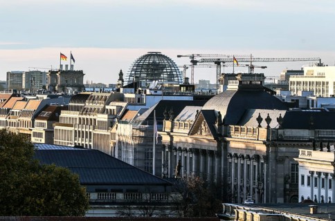 Street Unter den Linden with the State Library, Reichstag, construction cranes, Berlin, 05.11.2025,