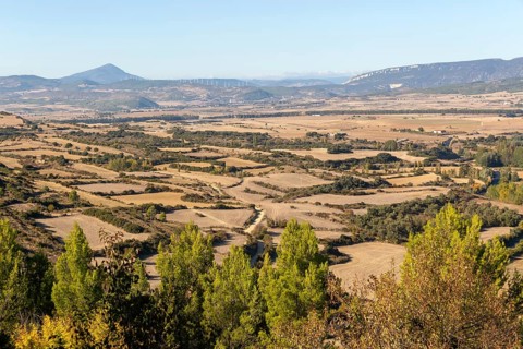Countryside landscape view north to the Pyrenees Mountains, Sos del Rey Catolico, Cinco Villas