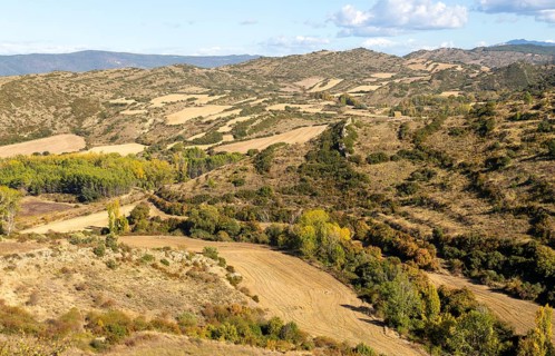 Countryside landscape view east to the Pyrenees Mountains, Sos del Rey Catolico, Cinco Villas