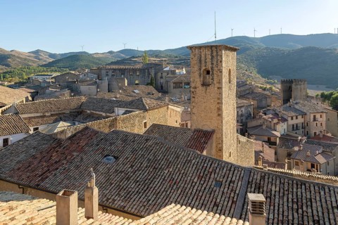 View over rooftops medieval village of Sos del Rey Católico, Cinco Villas district, Zaragoza