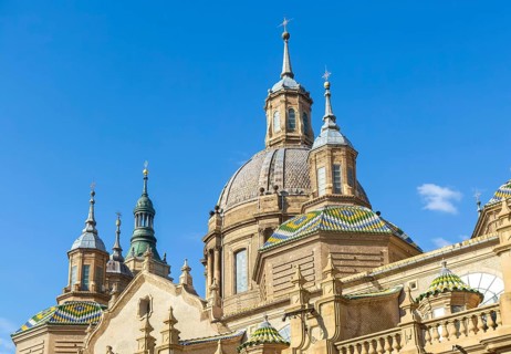 Towers and domes on roof of Basilica of Our Lady of the Pillar cathedral church, Zaragoza, Aragon,