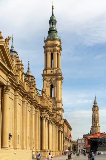 Town rand frontage of basilica of Our Lady of the Pillar cathedral church, Zaragoza, Aragon, Spain