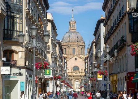 View of Basilica of Our Lady of the Pillar cathedral church from Calle de Alfonso I, Zaragoza,