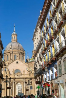 View of Basilica of Our Lady of the Pillar cathedral church from Calle de Alfonso I, Zaragoza,