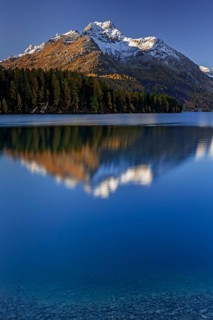 Mountain lake, reflection, mountains, larch forest, autumn discoloration, autumn, sunrise, Lake