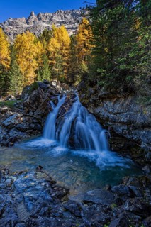 Waterfall, river, larch forest, autumn color, autumn, mountains, morning light, Morteratsch Valley,
