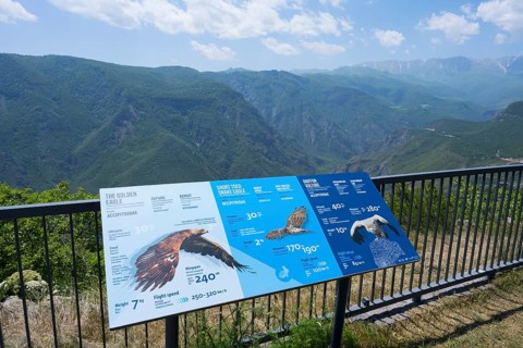 An observation deck with information boards about eagles shows a view of a mountainous landscape