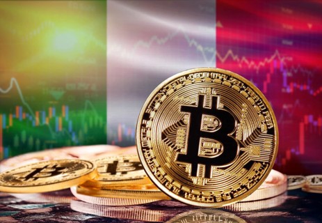 Bitcoin with Italian flag in the background. Investors in cryptocurrency and Blockchain Technology