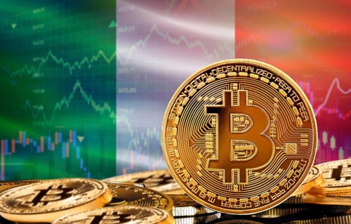 Investors in cryptocurrency and Blockchain Technology in Italy, Concept. Bitcoin with Italian flag