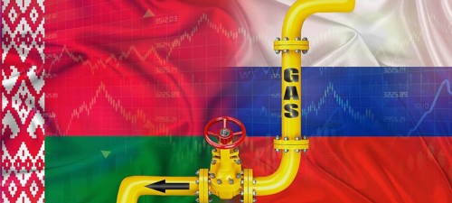 Gas pipeline with Russian and Belarus flag. Production and export of Russian gas to Belarus