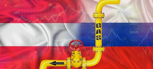 Gas pipeline with Russian and Austria flag. Production and export of Russian gas to Austria
