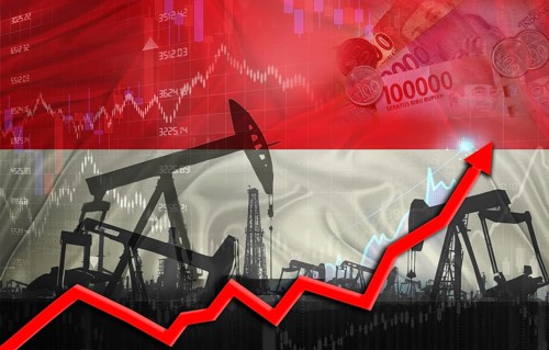 Oil production with Indonesia flag, petrol industry. Oil pumps with Indonesian flag