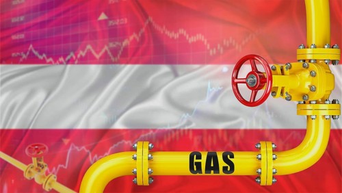 Gas pipeline with the Austria flag in the background. Gas production with Austrian flag on a market