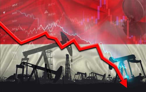 Crude crisis with Indonesian flag on financial graph. Fall oil price with flag of Indonesia on