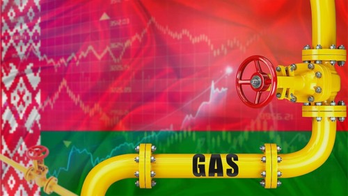 Gas pipeline with the Belarusian flag in the background. Gas production with the Belarusian flag on