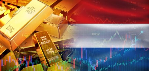 Gold bars stacked on Dutch flag. Netherlands gold reserves, Concept