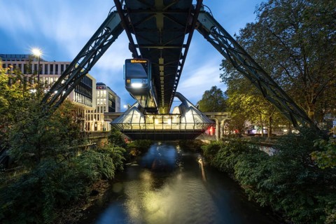 Night view of the Wuppertal suspension railway at Ohligsmühle station, Wuppertal, Germany,