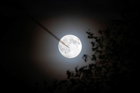 An airplane flies by in front of the full moon, Frankfurt, Hesse, Germany