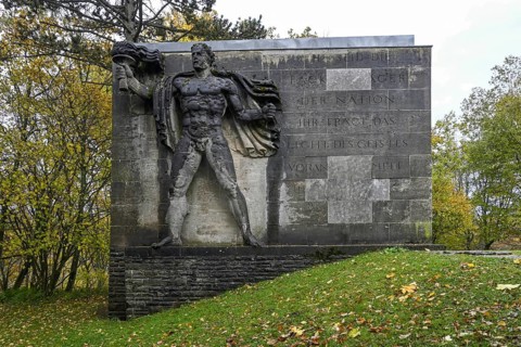 Torchbearer, monumental stone sculpture from the Nazi era, former NS Ordensburg Vogelsang, Eifel