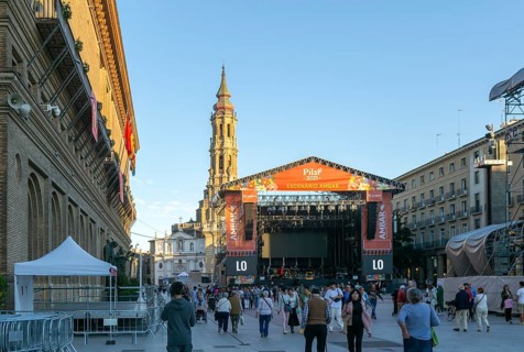 Stage for Pilar 2025 activities in Plaza of Our Lady of the Pillar, Zaragoza, Aragon, Spain, Europe