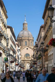 View of Basilica of Our Lady of the Pillar cathedral church from Calle de Alfonso I, Zaragoza,