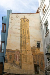 Painting mural of the Leaning Tower, Torre Nueva, Zaragoza, Aragon, Spain, Europe demolished 1892