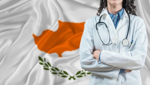 Medical professional on Cyprus flag. Healthcare and wellness in Cyprus, Concept