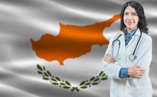 Cypriot medicine and healthcare concept. Doctor close up against Cyprus flag background