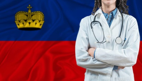Medical professional on Liechtenstein flag. Healthcare and wellness in Liechtenstein, Concept