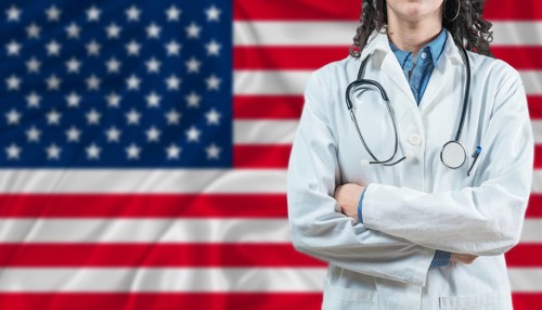 Medical professional on USA flag. Healthcare and wellness in United States, Concept