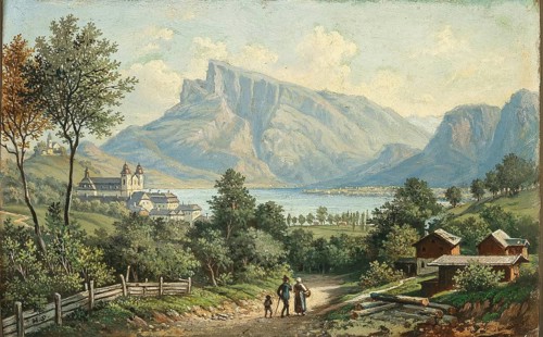 View of Lake Mondsee with the monastery of the same name and the Dragon Wall, Salzkammergut, Upper
