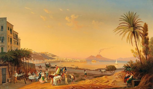 Evening scene on the Naples promenade with Vesuvius in the background, Campania, Italy, based on a