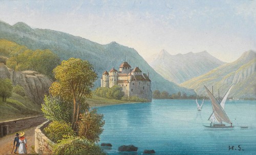 Chillon Castle on Lake Geneva, Switzerland, based on a painting by Hubert Sattler (1817-1904),