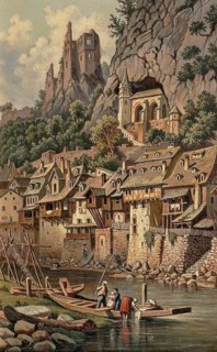 View of the rock church and castle ruins of Idar-Oberstein, Rhineland-Palatinate, Germany, based on