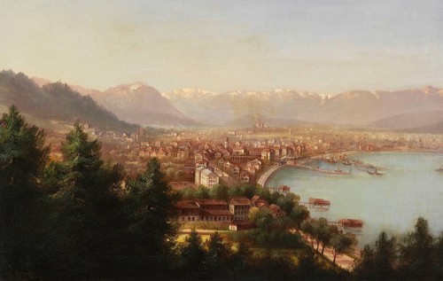 City view of Bregenz, Austria, based on a painting by Hubert Sattler (1817-1904), reproduction from